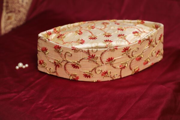 Designer Puttha Topi | Embroidered White With Red Flowers
